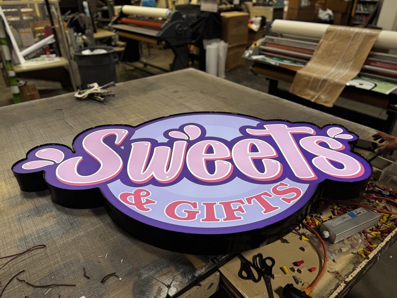 Sweets & Gifts illuminated sign fabricated by SP Signs and Wraps