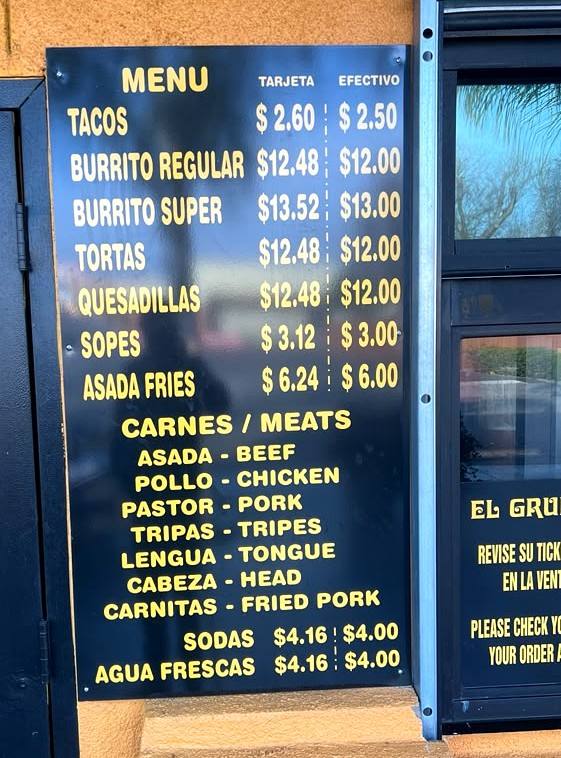 El Grullito printed menu board