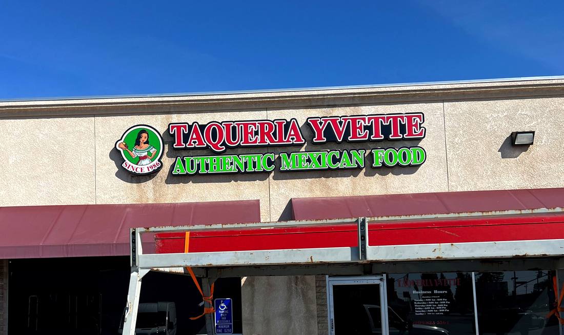 Taquería Yvette channel letters with logo